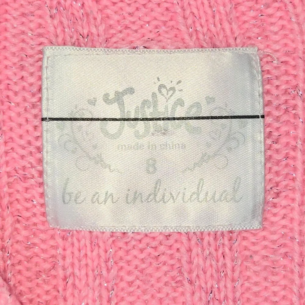 JUSTICE Sweater Long Sleeves Braided Design Pink Soft Stretch Girl Size 8 Small